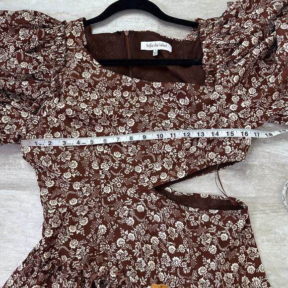 Sophie The Label Cut Out Puff Sleeve Brown floral midi dress - Picture 6 of 9
